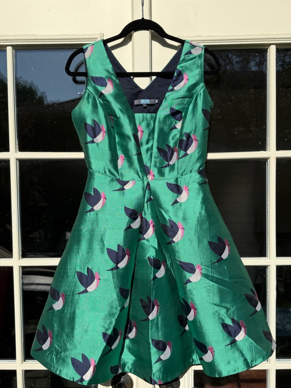 Eva Franco Emerald Green Fit-and-Flare Dress with Pink & Navy Bird Print